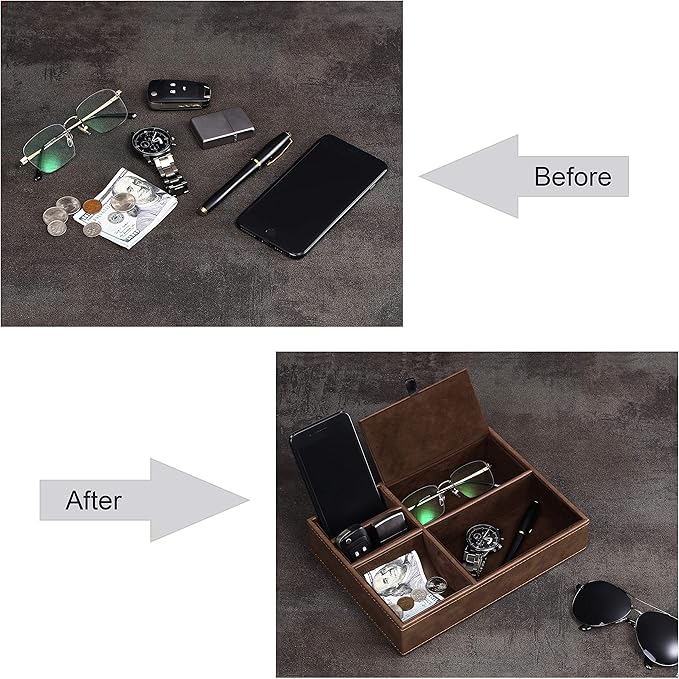 BEWISHOME Mens Valet Tray for men, Nightstand Organizer, Dresser Organizer, Catch All for Mens AccessoriesFaux Leather,Brown SSH06Z