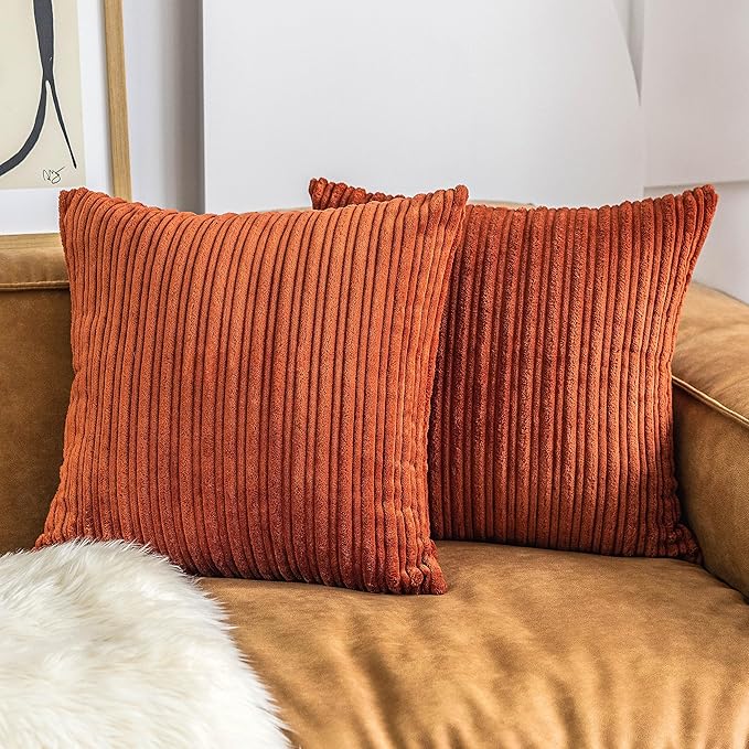 UGASA Fall Striped Velvet Decor Pillow Covers Soft Solid Square Corduroy Cushion Covers Throw Cushion Cases for Couch Sofa Living Room, 20"x20", Pack of 2, Burnt Brick