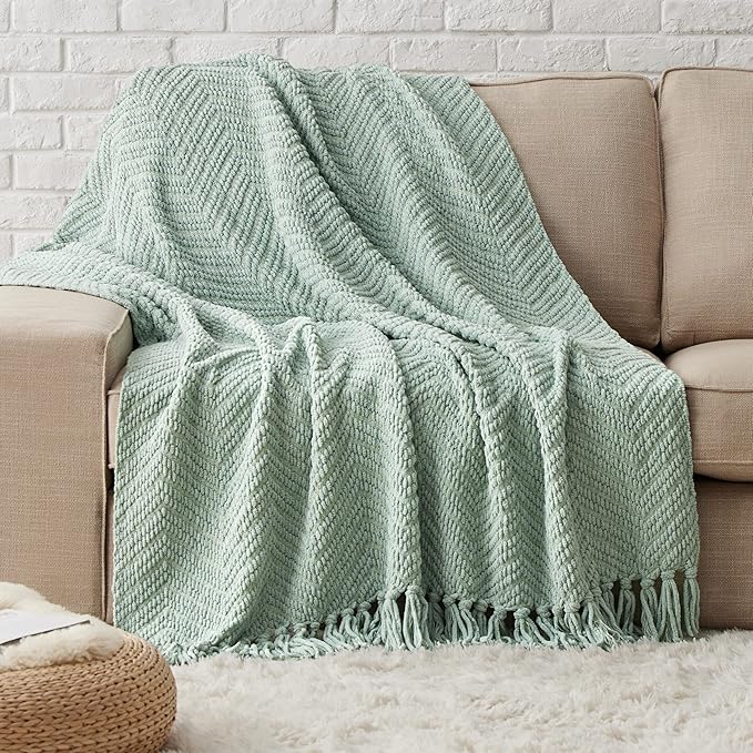 Bedsure Sage Green Throw Blanket for Couch ?Versatile Knit Woven Chenille Blanket for Chair, Super Soft, Warm & Decorative Blanket with Tassels for Bed, Sofa and Living Room (Sage Green, Throw)