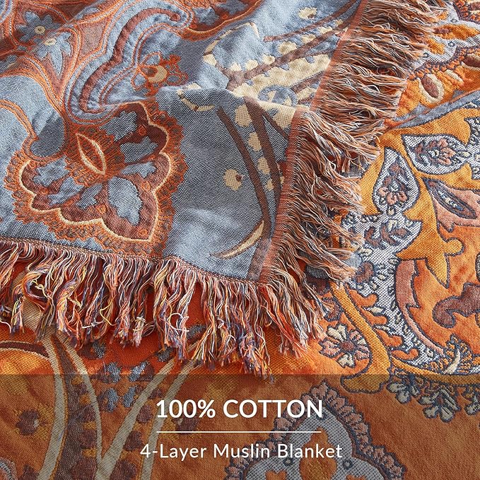 Boho Throw Blanket for Couch Sofa Bed, 100% Cotton Woven Quilt with Tassel 50”x60”, Super Soft Muslin Blanket with Floral Printed, Decorative Reversible Bed Blanket/Cover for All Seasons