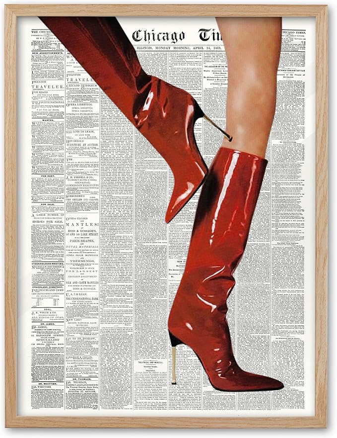 EcoHest Small Trendy Newspaper Red Boots Framed Wall Art, 8x10 in OAK Wood Fashion Icon Canvas Wall Art, Magazine Home Decor, Beige Logs Retro Set of 1 for Bedroom Living Room