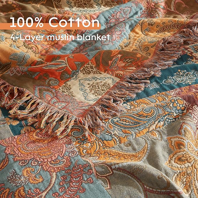 Boho Throw Blanket for Bed 60”x80”, 100% Cotton Woven Blanket for Couch Sofa, Ultra Soft 4-Layer Muslin Quilt with Patchwork Floral Printed, Farmhouse Bed Blanket/Cover for Living Room Decor