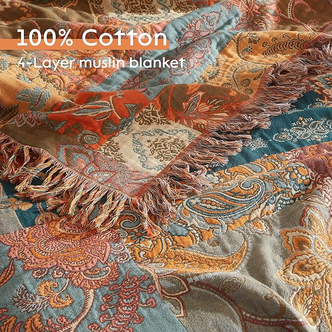 Boho Throw Blanket for Bed 80”x90”, 100% Cotton Woven Blanket for Couch Sofa, Ultra Soft 4-Layer Muslin Quilt with Patchwork Floral Printed, Farmhouse Bed Blanket/Cover for Living Room Decor