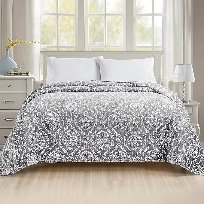 Elegant Comfort Ultra Soft Print Flannel Fleece Bed Blanket, Cozy-Fuzzy Lightweight Bedspread Coverlet, All Season Decorative Blanket for Couch, Sofa, Ogee Design, Queen Size, Gracey
