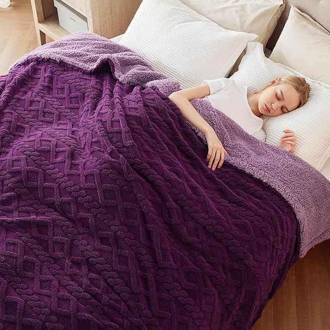 Bedsure Gentlesoft Sherpa Fleece Throw Blanket for Couch - Fluffy & Cozy Cable Jacquard Tufted Throw for Women Gift, Thick and Warm Blankets for Winter, Purple, 50x60 Inches