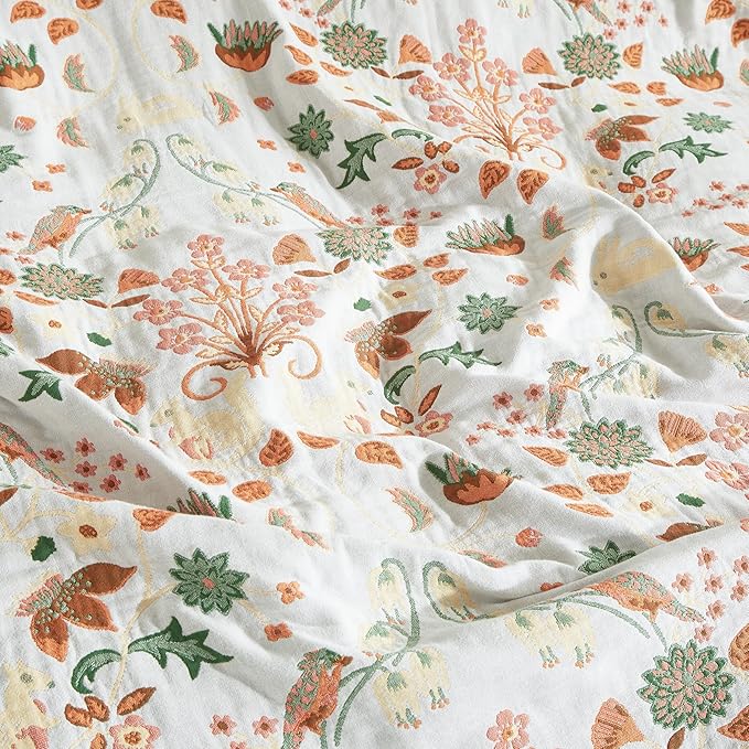 Boho Throw Blanket for Bed 60”x80”, 100% Cotton Woven Blanket for Couch Sofa, Ultra Soft 4-Layer Muslin Quilt with Floral Printed, Farmhouse Bed Blanket/Cover for Living Room Decor
