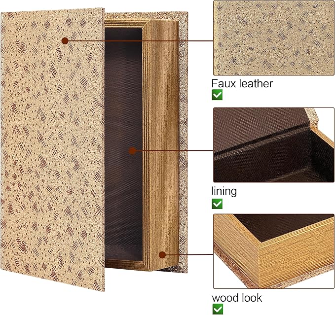 PACOLO Decorative Book Boxes, Faux Wood cover Storage for Hidden Jewelry, Money, and Cash (Gold sequins)