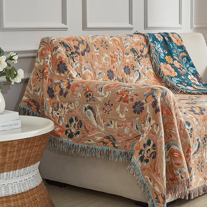 Boho Throw Blanket for Bed 80”x90”, 100% Cotton Woven Blanket for Couch Sofa, Ultra Soft 4-Layer Muslin Quilt with Floral Printed, Farmhouse Bed Blanket/Cover for Living Room Decor