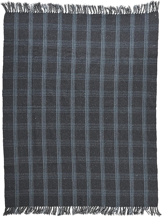 Creative Co-Op Recycled Cotton Blend Throw Blanket with Fringe, Grey Plaid (Pack of 4)