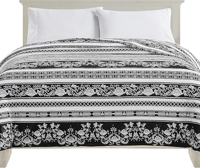 Elegant Comfort Ultra Soft Print Flannel Fleece Bed Blanket, Cozy-Fuzzy Lightweight Bedspread Coverlet, All Season Decorative Blanket for Couch, Sofa, Striped Design, Queen Size, Odelia