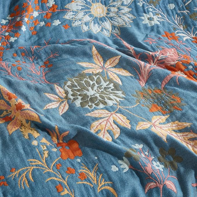 Boho Throw Blanket for Bed 90”x98”, 100% Cotton Woven Blanket for Couch Sofa, Ultra Soft 4-Layer Muslin Quilt with Floral Printed, Farmhouse Bed Blanket/Cover for Living Room Decor