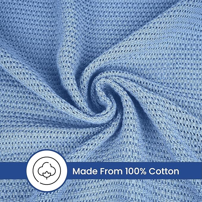 Linteum Textile Supply Leno Weave Blue Blanket, Queen 100% Cotton, Lightweight, Warm, Fluffy, Premium and Durable Soft & Cozy Bed Blanket for Home, Couch, Sofa & Dorm, All Season Throw [90x90]