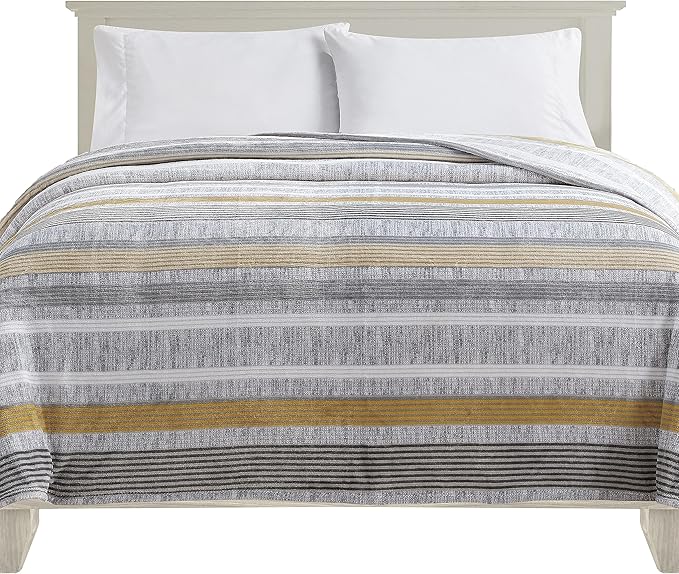 Elegant Comfort Ultra Soft Print Flannel Fleece Bed Blanket, Cozy-Fuzzy Lightweight Bedspread Coverlet, All Season Decorative Blanket for Couch, Sofa, Striped Design, King Size, Brea Stripe