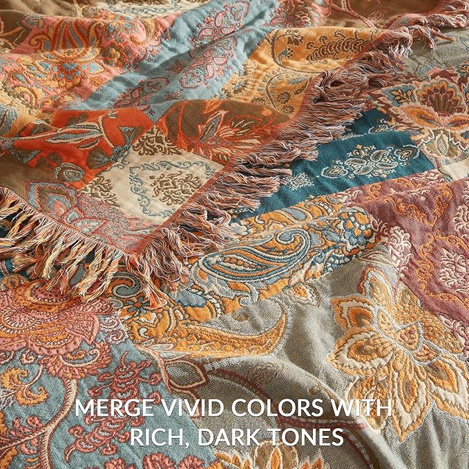 Boho Throw Blanket for Couch Sofa Bed, 100% Cotton Woven Quilt with Tassel 80”x90”, Super Soft Muslin Blanket with Floral Printed, Decorative Reversible Bed Blanket/Cover for All Seasons