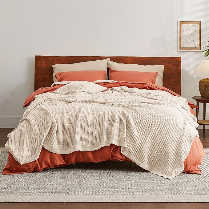 Bedsure Gentlesoft 100% Cotton Blanket Queen Size for Bed - Breathable and Soft for Spring Summer, Thick Cozy Waffle Weave Blanket Gifts for Women, Yellowish Cream, 90x90 Inches