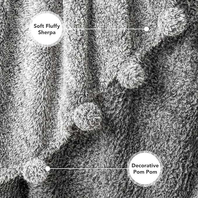 PAVILIA Grey Sherpa Throw Blanket for Couch, Warm Plush Pom Blanket Throw, Gray Fuzzy Sofa Throw, Lightweight Soft Cozy Fluffy Blanket with Pom Poms, Heather Grey, 50x60