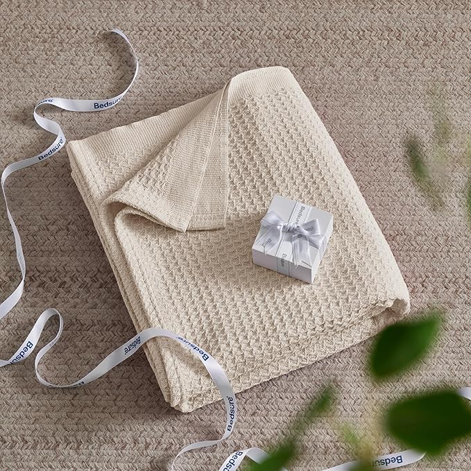 Bedsure Gentlesoft 100% Cotton Blanket Twin XL Size for College Dorm - Breathable and Soft for Spring Summer, Waffle Weave Twin Blanket for Bed, Dorm Room Essentials, Light Beige, 66x90 inches