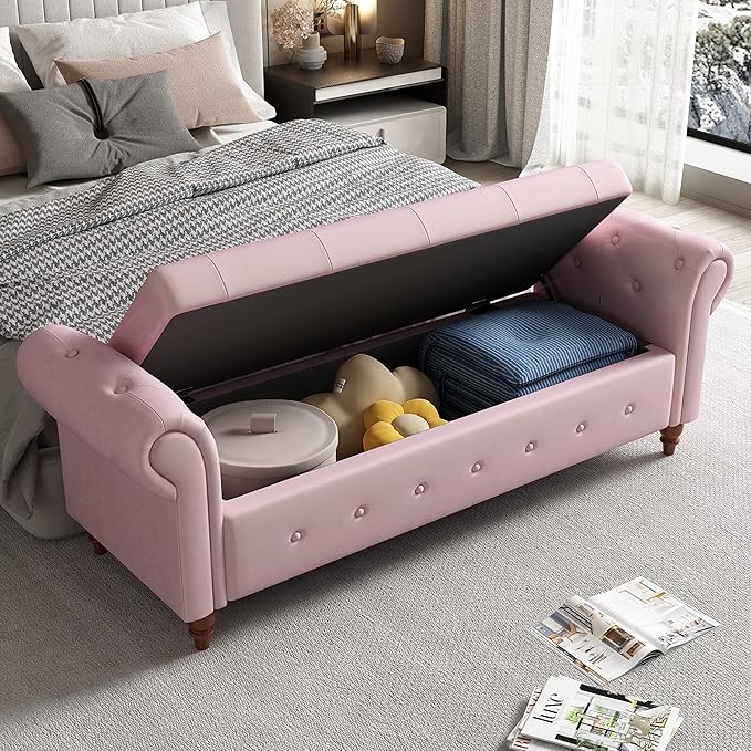 Aoowow Rolled Arm Storage Benches for Bedroom End of Bed Ottoman Bench 63" Long Bench with Storage and Seating for Living Room,Entryway,Window,Button Tufted with Solid Wood Legs (Velvet Pink)