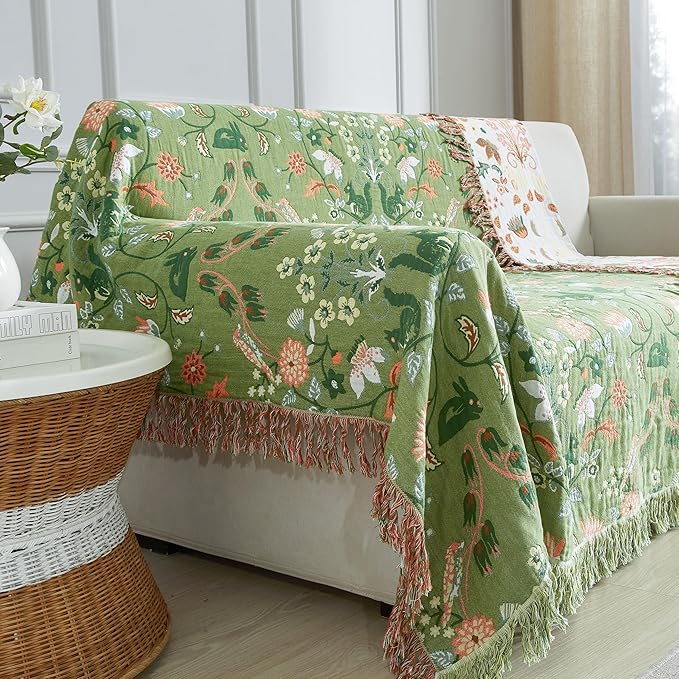 Boho Throw Blanket for Bed 60”x80”, 100% Cotton Woven Blanket for Couch Sofa, Ultra Soft 4-Layer Muslin Quilt with Floral Printed, Farmhouse Bed Blanket/Cover for Living Room Decor
