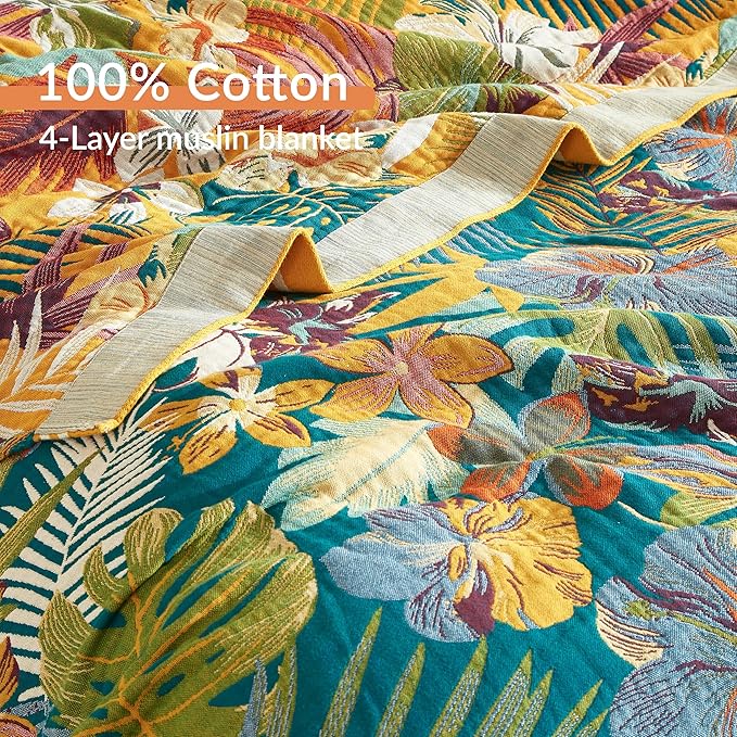 Boho Throw Blanket for Bed 60”x80”, 100% Cotton Woven Blanket for Couch Sofa, Ultra Soft 4-Layer Muslin Quilt with Floral Printed, Farmhouse Bed Blanket/Cover for Living Room Decor
