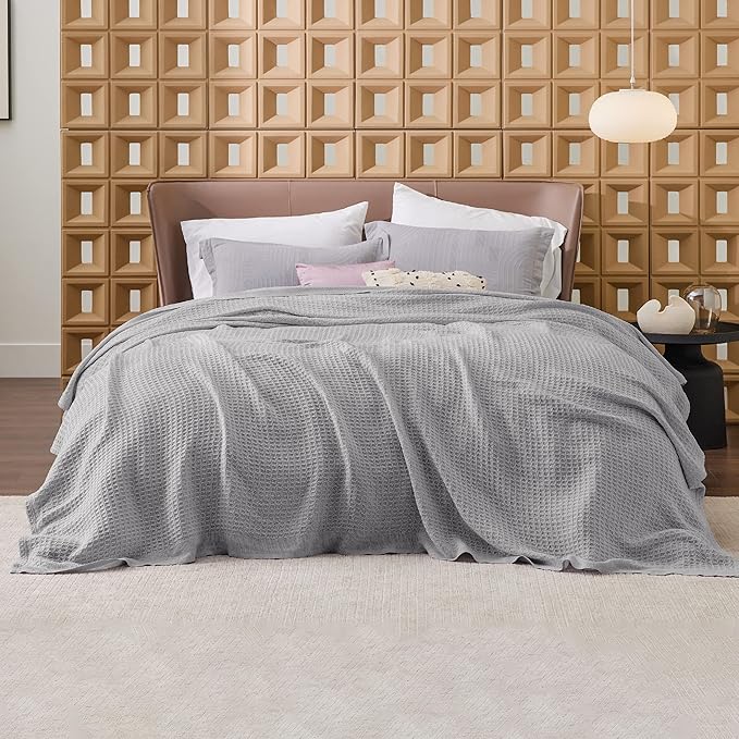 Bedsure Gentlesoft 100% Cotton Blanket Queen Size for Bed - Cooling Breathable and Soft for Spring Summer, Thick Cozy Waffle Weave Blanket Gifts for Women, Grey, 90x90 Inches
