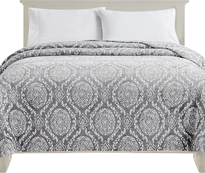 Elegant Comfort Ultra Soft Print Flannel Fleece Bed Blanket, Cozy-Fuzzy Lightweight Bedspread Coverlet, All Season Decorative Blanket for Couch, Sofa, Ogee Design, Queen Size, Gracey
