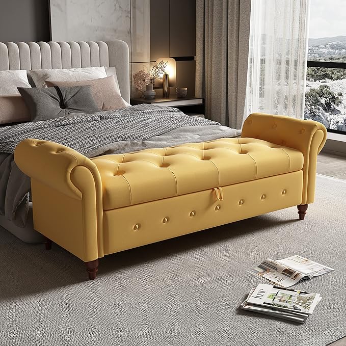 Aoowow Rolled Arm Storage Benches for Bedroom End of Bed Ottoman Bench 63" Long Bench with Storage and Seating for Living Room,Entryway,Window,Button Tufted with Solid Wood Legs (Linen Yellow)
