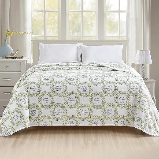 Elegant Comfort Ultra Soft Print Flannel Fleece Bed Blanket, Cozy-Fuzzy Lightweight Bedspread Coverlet, All Season Decorative Blanket for Couch, Sofa, King Size, Faith, Hope and Love