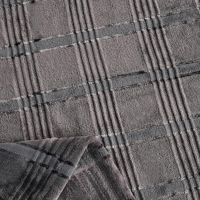 Super Soft Flannel Queen Blanket 90x90 Inches, Premium Checkered Jacquaed Silky Fleece Lightweight Bed Blanket All Season Use, Dark Grey Strip, 90"x90"