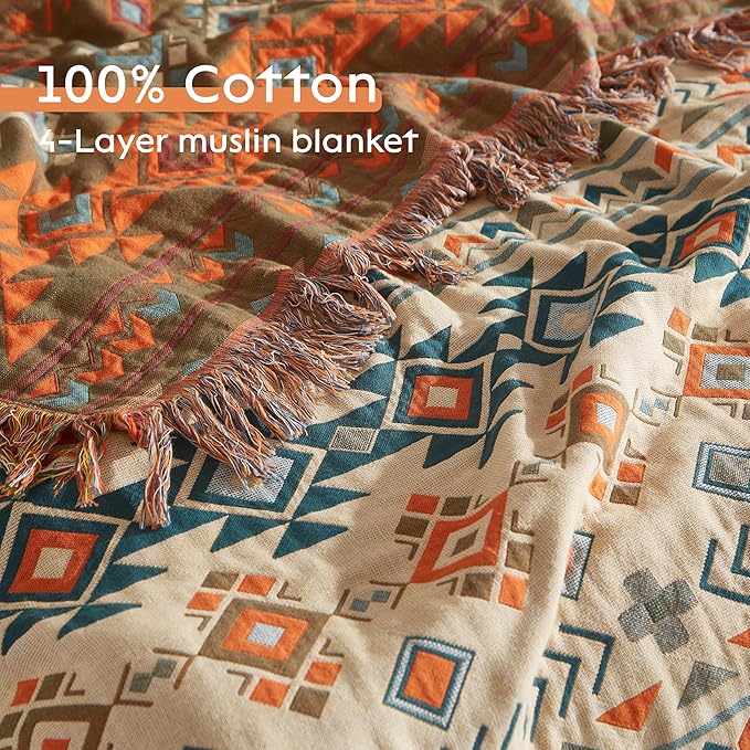 Boho Throw Blanket for Bed 90”x98”, 100% Cotton Woven Blanket for Couch Sofa, Ultra Soft 4-Layer Muslin Quilt with Diamond Pattern, Farmhouse Bed Blanket/Cover for Living Room Decor
