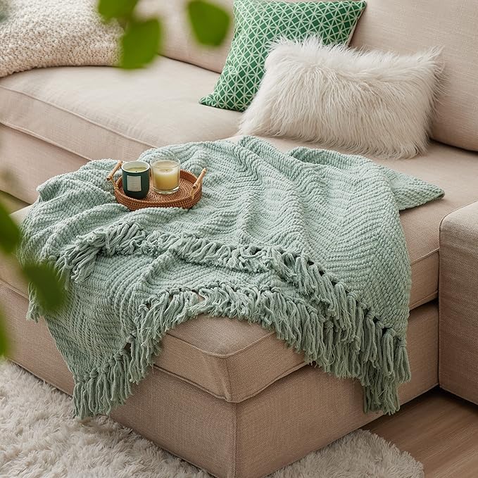 Bedsure Sage Green Throw Blanket for Couch ?Versatile Knit Woven Chenille Blanket for Chair, Super Soft, Warm & Decorative Blanket with Tassels for Bed, Sofa and Living Room (Sage Green, Throw)