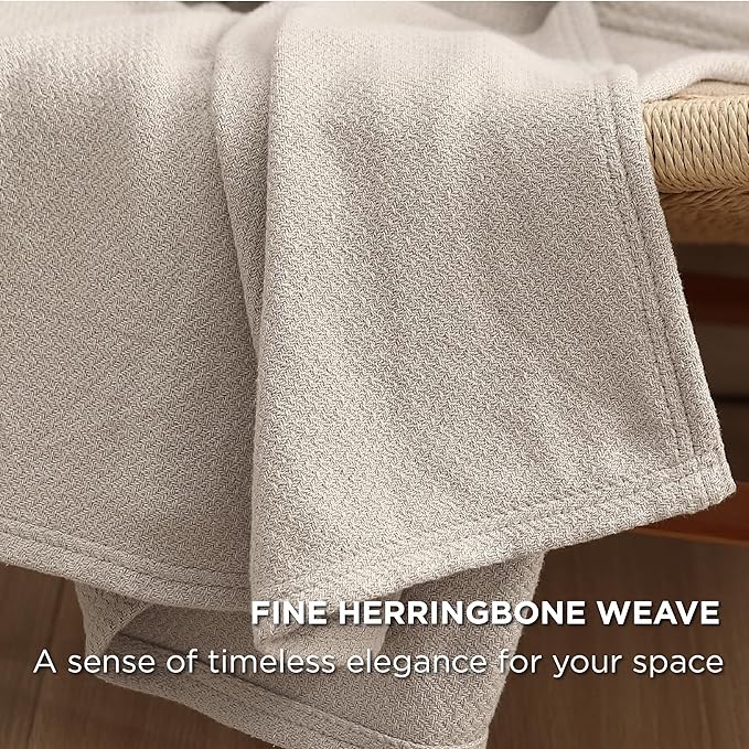 Bedsure GentleSoft 100% Cotton Blanket Twin XL Size for Bed - Breathable and Lightweight, Soft Cozy Textured Herringbone Woven Summer Blanket for College Dorm, Linen Beige, 66x90 inches