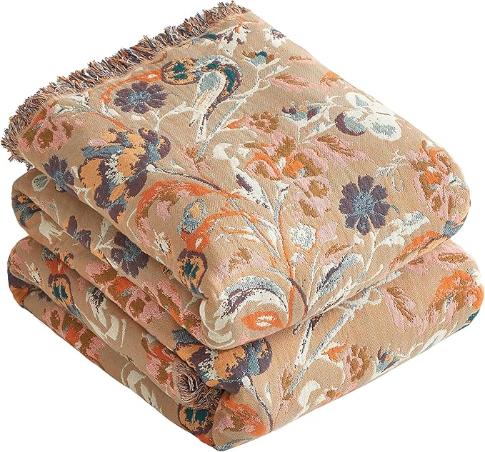 Boho Throw Blanket for Bed 90”x98”, 100% Cotton Woven Blanket for Couch Sofa, Ultra Soft 4-Layer Muslin Quilt with Floral Printed, Farmhouse Bed Blanket/Cover for Living Room Decor