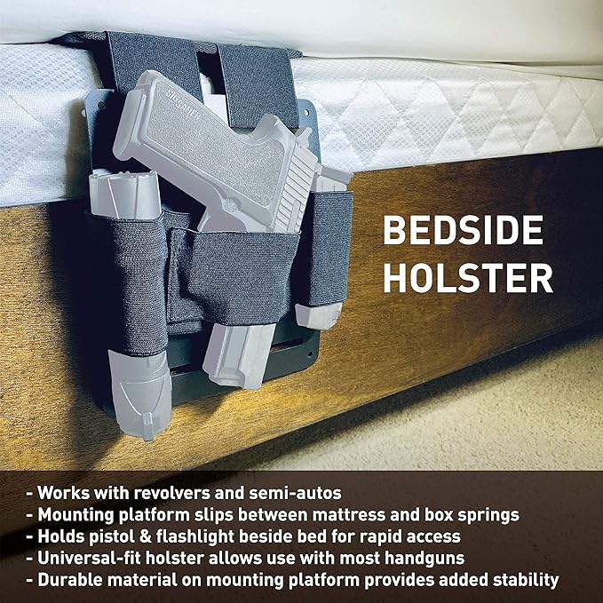 Stinger Tactical Bedside & Under Desk Holster - Backup Pistol & Handgun Holder, Mattress & Vehicle Seat Organizer, Magazine & Flashlight Loop, Purse Gun Holder