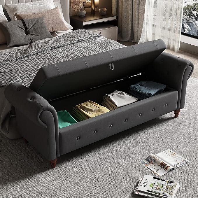 Aoowow Rolled Arm Storage Benches for Bedroom End of Bed Ottoman Bench 63" Long Bench with Storage and Seating for Living Room,Entryway,Window,Button Tufted with Solid Wood Legs (Linen Dark Grey)