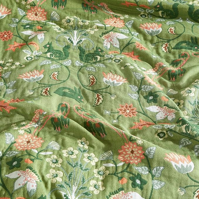 Boho Throw Blanket for Bed 80”x90”, 100% Cotton Woven Blanket for Couch Sofa, Ultra Soft 4-Layer Muslin Quilt with Floral Printed, Farmhouse Bed Blanket/Cover for Living Room Decor