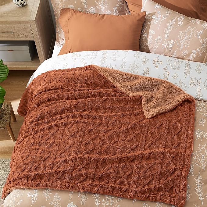 Bedsure Gentlesoft Sherpa Fleece Throw Blanket for Couch - Fluffy & Cozy Cable Jacquard Tufted Throw for Women Gift, Thick and Warm Christmas Blanket for Winter, Orange, 50x60 Inches
