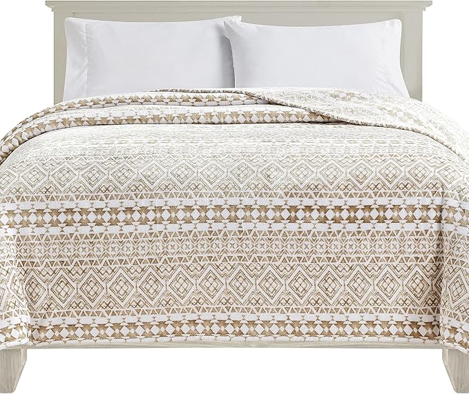 Elegant Comfort Ultra Soft Print Flannel Fleece Bed Blanket, Cozy-Fuzzy Lightweight Bedspread Coverlet, All Season Decorative Blanket for Couch, Sofa, Geometric Design, Queen Size, Tala