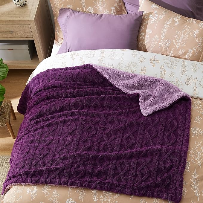 Bedsure Gentlesoft Sherpa Fleece Throw Blanket for Couch - Fluffy & Cozy Cable Jacquard Tufted Throw for Women Gift, Thick and Warm Blankets for Winter, Purple, 50x60 Inches