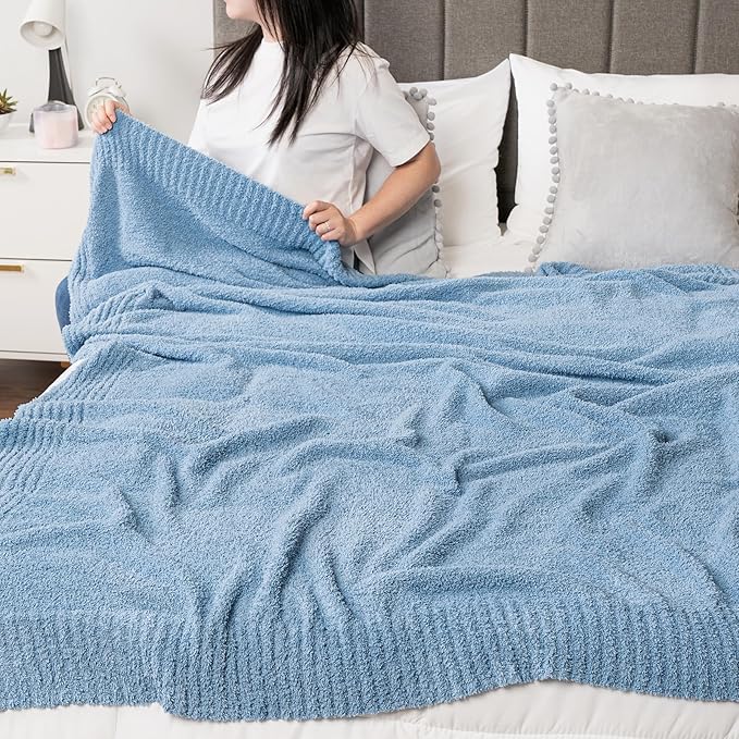 PAVILIA Super Soft Throw Blanket for Couch, Fluffy Cozy Lightweight Light Blue Blanket, Large Fuzzy Warm Knit Blanket for Bed Sofa, Slate Blue, 60x80