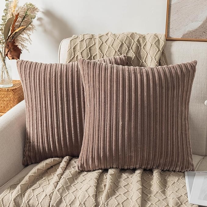 UGASA Soft Velvet Stripe Decorative Pillow Covers Set of 2 Solid Corduroy Textured Euro Cushion Cases for Couch Bedroom Sofa Farmhouse, 18x18 Inch, Light Brown