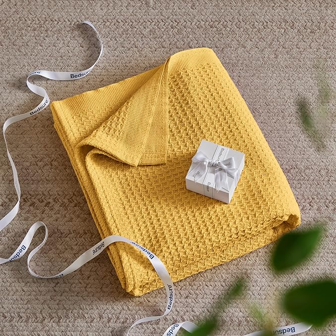 Bedsure Gentlesoft 100% Cotton Blanket Queen Size for Bed - Breathable and Soft for Spring Summer, Thick Cozy Waffle Weave Blanket Gifts for Women, Mustard Yellow, 90x90 Inches