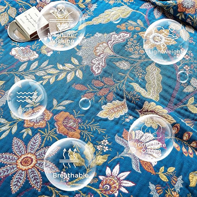 Boho Throw Blanket for Bed Cotton Spring Blankets Bedroom Living Room Twin All Season Lightweight Floral Embroidery Quilt for Couch Sofa Chair 60"x80"
