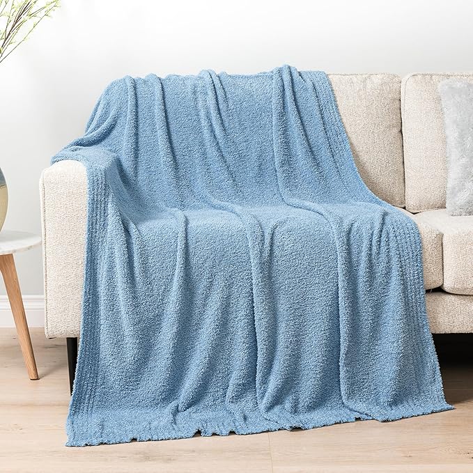 PAVILIA Super Soft Throw Blanket for Couch, Fluffy Cozy Lightweight Light Blue Blanket, Large Fuzzy Warm Knit Blanket for Bed Sofa, Slate Blue, 60x80