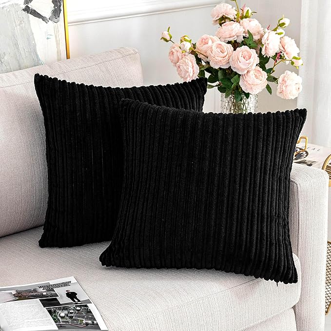 UGS UGASA Velvet Corduroy Throw Pillow Cover for Bed, 1 Pc, 26" x 26" (Pack of 1) (66 x 66 cm), Black