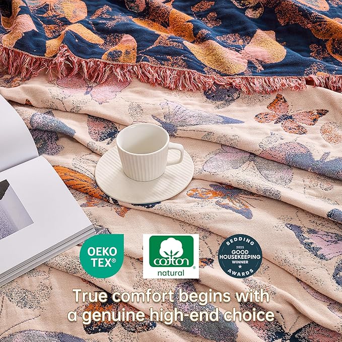 Boho Throw Blanket, 100% Organic Cotton Breathable Ultra Soft 50" x 60" Bed Quilt Throw - All Season Floral Rustic Farmhouse Decor Luxury Reversible Blanket for Sofa Couch Chair and Gift