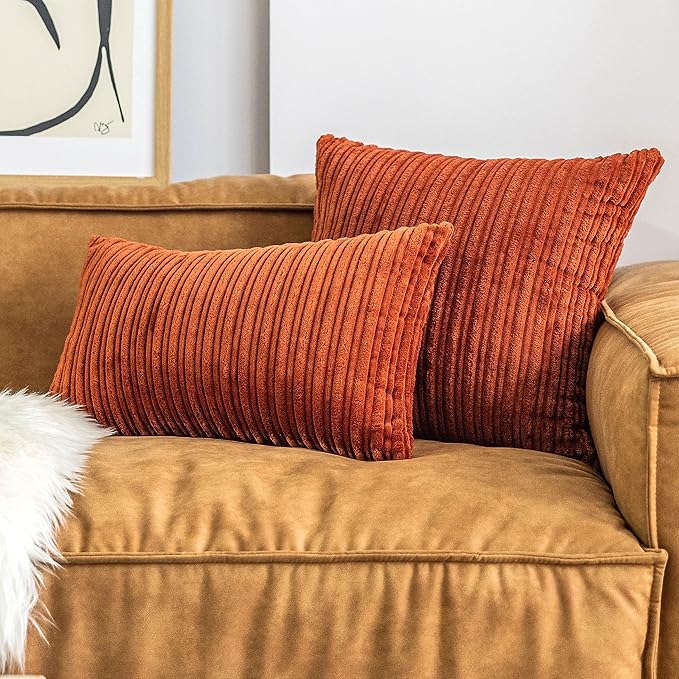 UGASA Fall Super Soft Decor Striped Corduroy Large Throw Pillow Covers Sham Cushion Case Living Room, 2 Packs, 24" x 24" (61cm), Burnt Brick