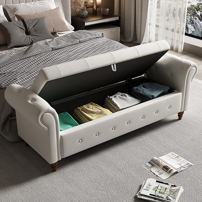 Aoowow Rolled Arm Storage Benches for Bedroom End of Bed Ottoman Bench 63" Long Bench with Storage and Seating for Living Room,Entryway,Window,Button Tufted with Solid Wood Legs (Linen Beige)