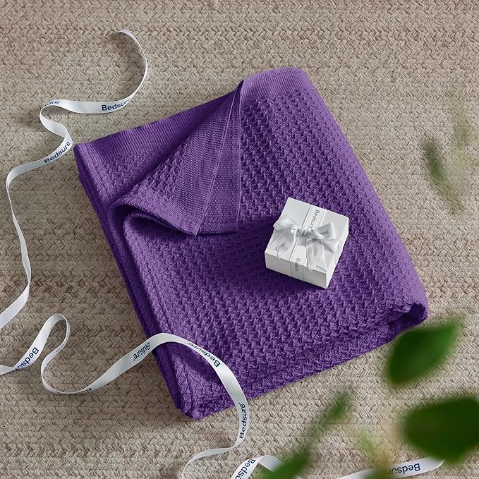 Bedsure Gentlesoft 100% Cotton Throw Blanket for Couch 50x70 inches - Breathable and Soft for Spring Summer, Waffle Weave Throw Blanket for Office, Purple