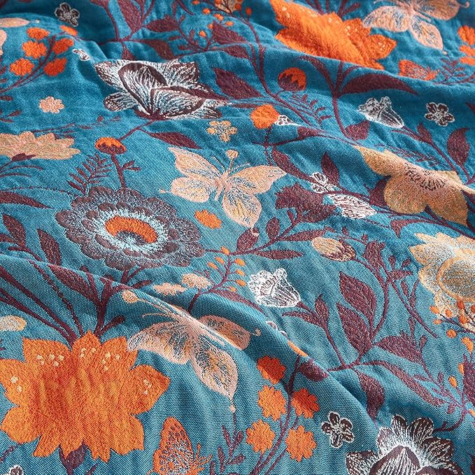 Boho Throw Blanket for Bed 90”x98”, 100% Cotton Woven Blanket for Couch Sofa, Ultra Soft 4-Layer Muslin Quilt with Floral Printed, Farmhouse Bed Blanket/Cover for Living Room Decor